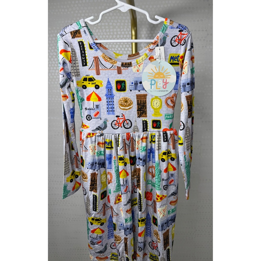 Play by Little Sleepies New York City NYC Print Long Sleeve Dress Girls Size 7